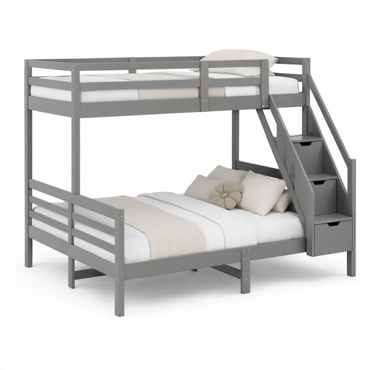 Twin Over Full Solid Pine Bunk Bed with 3-Drawer Storage Stairs, Gray, 79.5 x 57 x 65 in