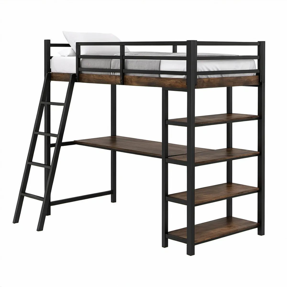 Twin Loft Bed with Desk and 4-Tier Shelves, 78 x 41.5 x 71.5 in, Black/Dark Brown