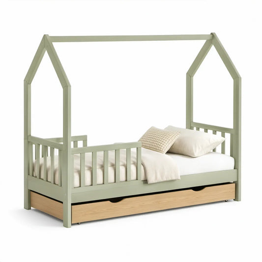 Twin House Bed Frame with 2 Storage Drawers, 78 in L x 42 in W x 70 in H, Sage Green/Natural Oak