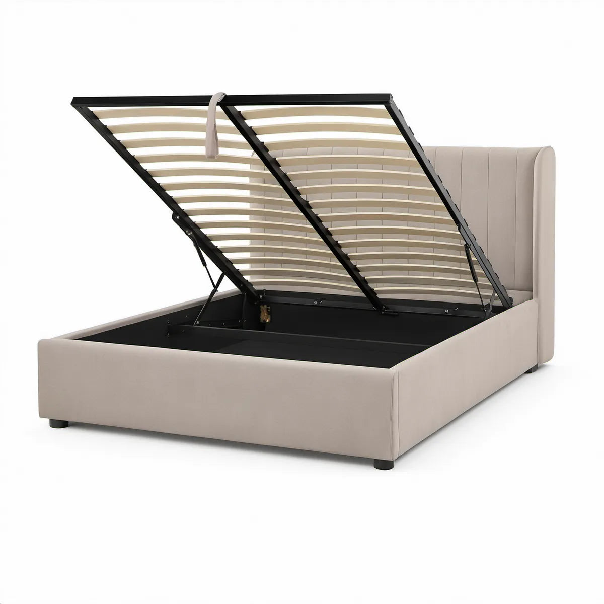Queen 60 x 80 in Beige Upholstered Wingback Storage Bed with Gas Lift