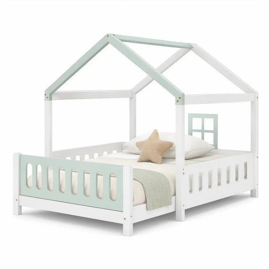Twin House Bed Frame with Guardrails, Solid Pine, White and Mint Green, 78.7 x 43.3 x 68.9 in