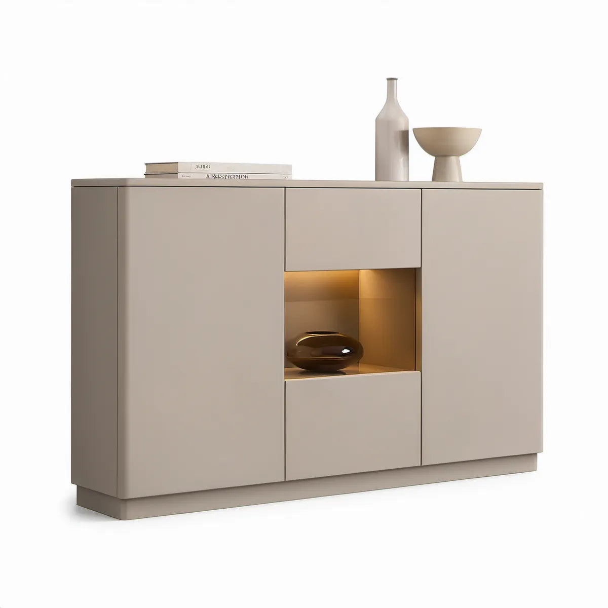 Taupe 63 x 16 x 35 in MDF Storage Cabinet with 3 Doors, LED Display Niche