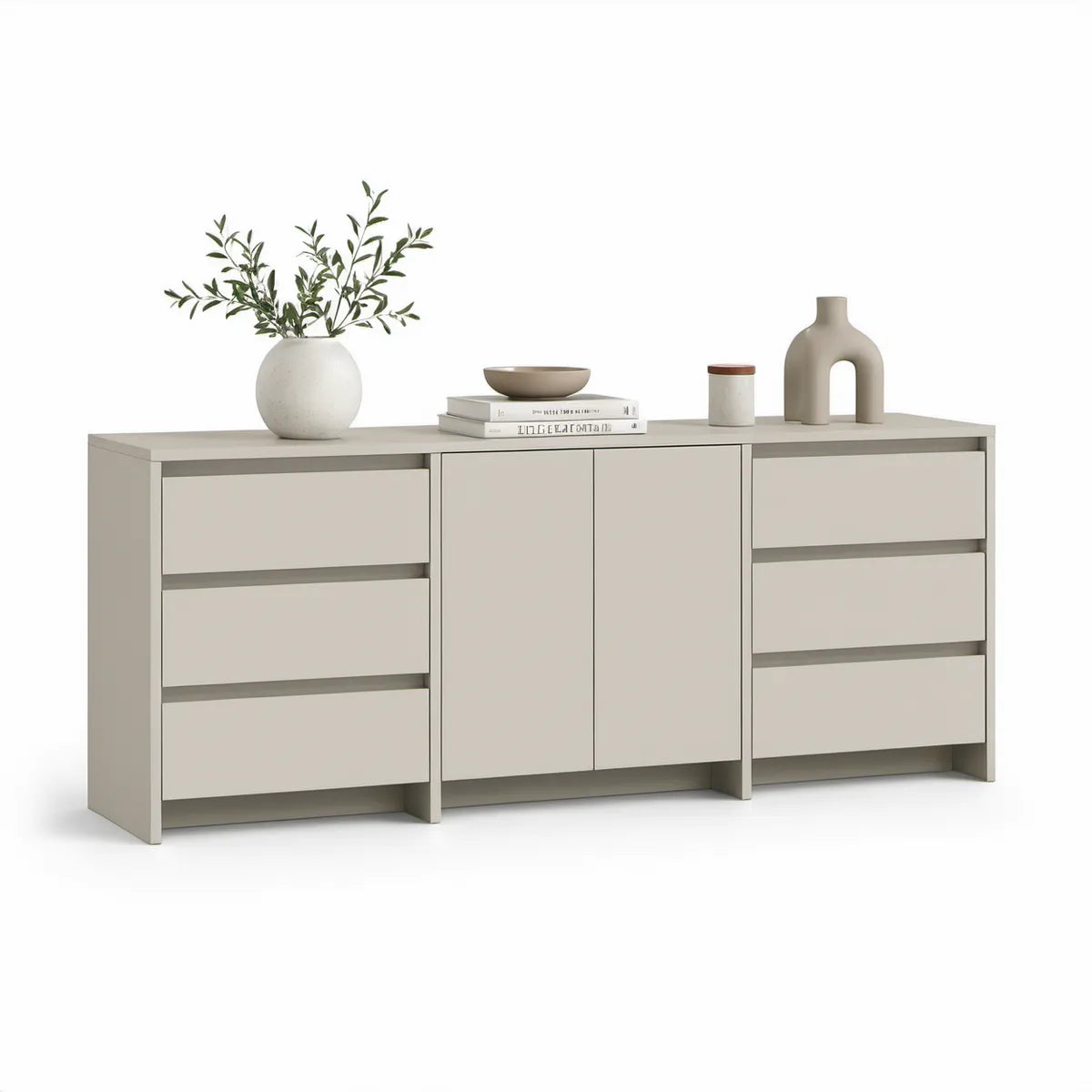 Beige Engineered Wood Storage Cabinet with 6 Drawers, 2 Doors, and Shelf, 70.9 in W x 15.7 in D x 31.5 in H