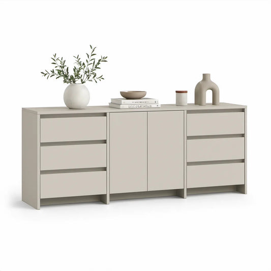Beige Engineered Wood Storage Cabinet with 6 Drawers, 2 Doors, and Shelf, 70.9 in W x 15.7 in D x 31.5 in H