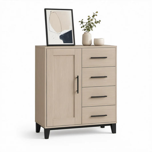 Engineered Wood Storage Cabinet with 4 Drawers and 1 Door, 31.5 x 15.7 x 47.2 in, Light Oak/Black