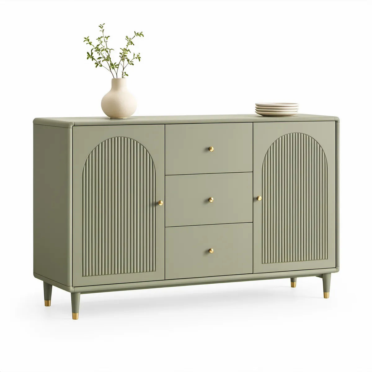 63 in Sage Green MDF Storage Cabinet with 2 Arched Fluted Doors, 3 Drawers, and Gold Hardware