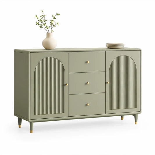 63 in Sage Green MDF Storage Cabinet with 2 Arched Fluted Doors, 3 Drawers, and Gold Hardware