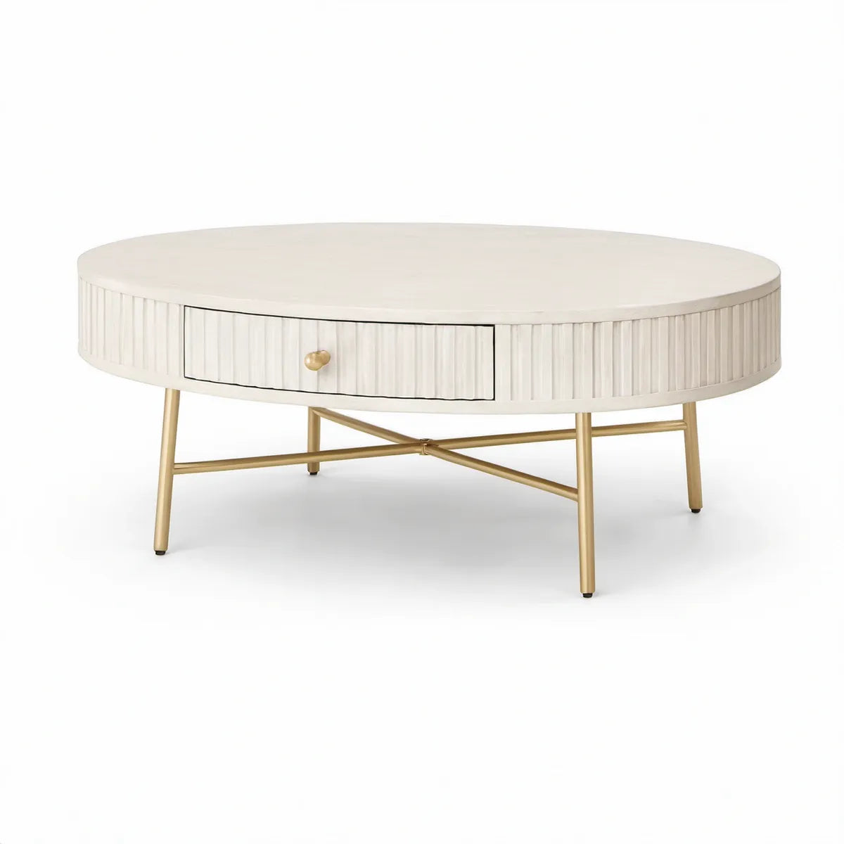 36 in Round White MDF Coffee Table with Drawer and Gold Steel Legs, 18 in High