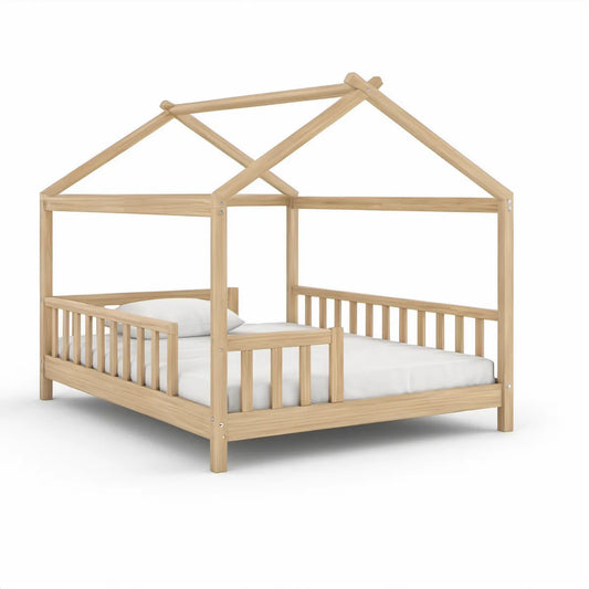 Twin-Size Solid Pine House Bed Frame, 79 x 43 x 68 in, Natural