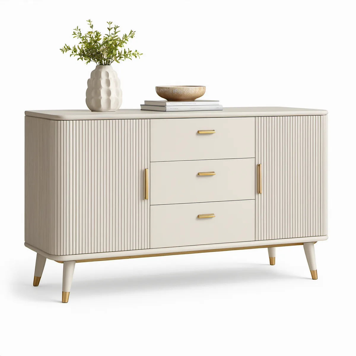 60 in Cream Fluted Storage Cabinet with 3 Drawers, 2 Doors and Gold Accents