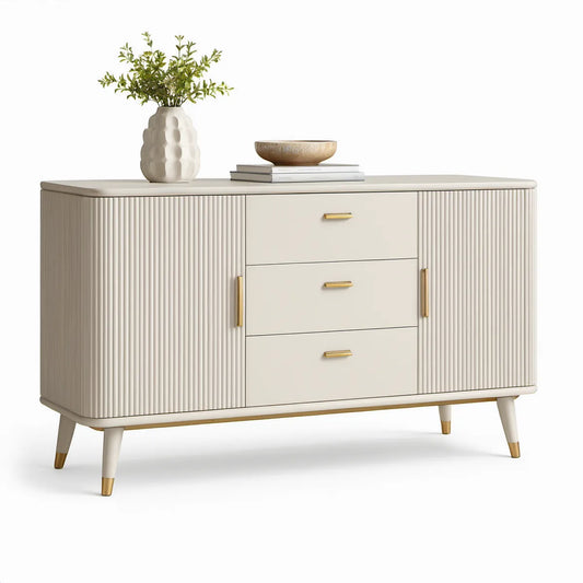 60 in Cream Fluted Storage Cabinet with 3 Drawers, 2 Doors and Gold Accents