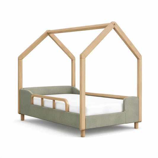Twin House Bed Frame, Natural Pine and Sage Green, 80 x 43 x 66 in