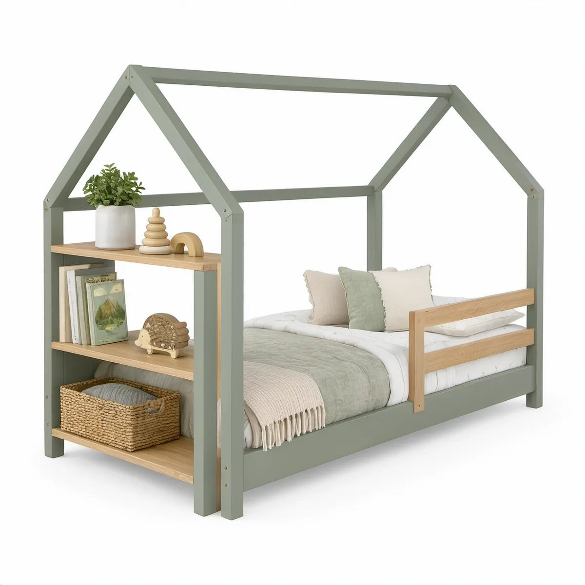 Twin House Bed Frame with 3-Tier Storage Shelves and Guardrails, Sage Green/Natural, 79.5 x 43.3 x 71.3 in