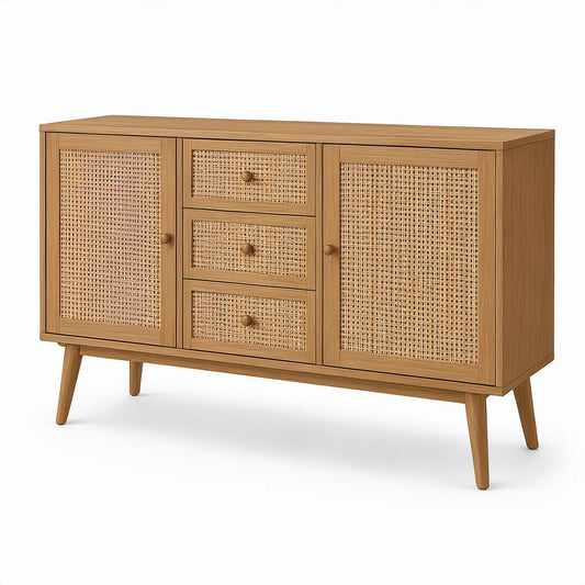 Natural Brown Rattan Door Storage Cabinet with 3 Drawers, 47.2 x 15.7 x 31.5 in