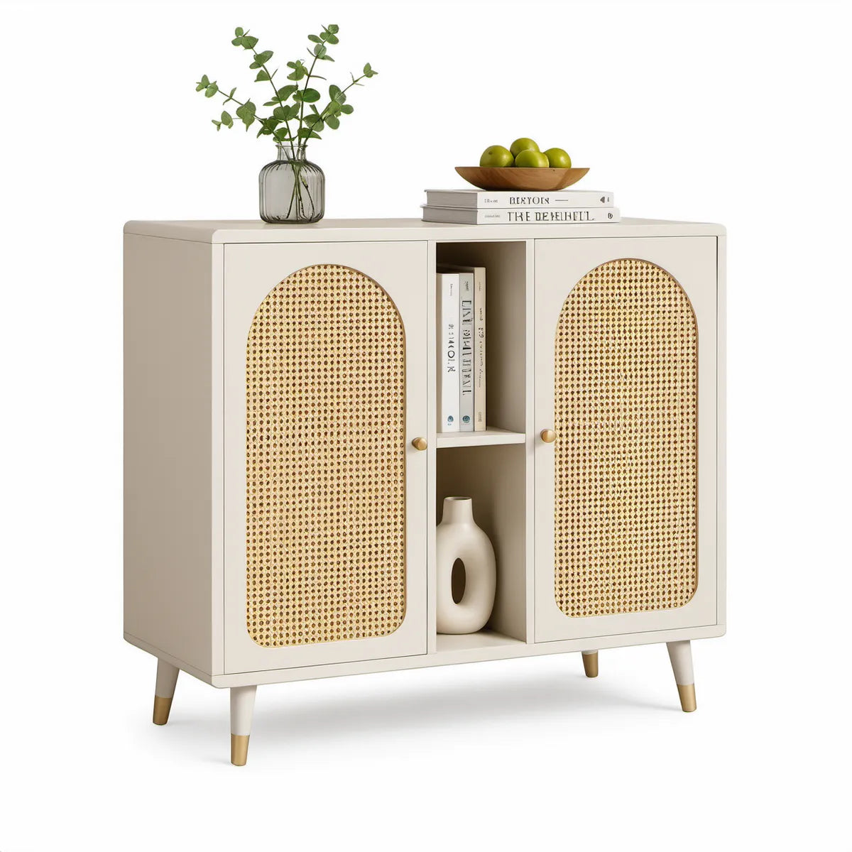 Mid-Century Modern 2-Door Sideboard Cabinet with Cane Doors and Open Shelves, Cream, 31.5 x 15.7 x 35.4 in