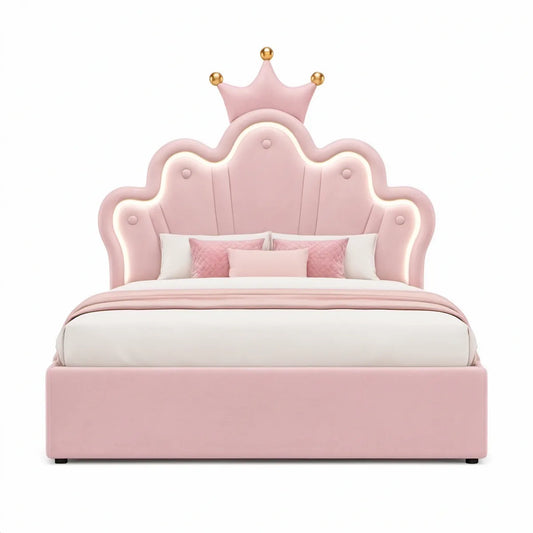 Pink Velvet Full Platform Bed Frame with LED Crown Headboard, 59.8 x 81.9 x 72.8 in