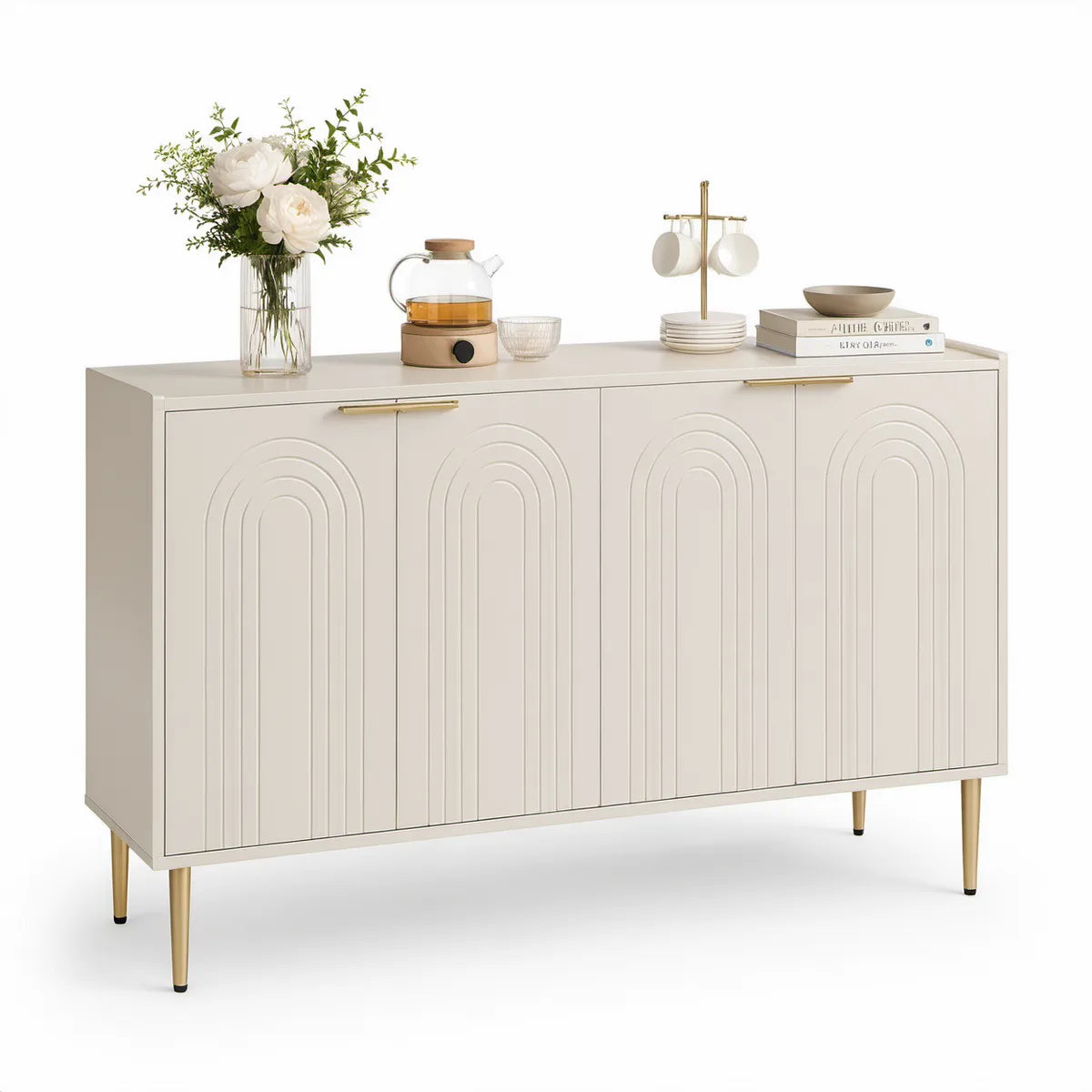 63 in 4-Door Storage Sideboard, Ivory MDF with Gold Handles and Legs, 63 x 15.7 x 33.5 in