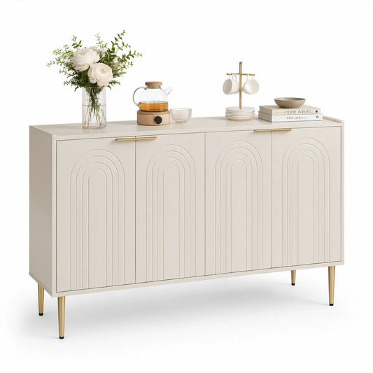 63 in 4-Door Storage Sideboard, Ivory MDF with Gold Handles and Legs, 63 x 15.7 x 33.5 in
