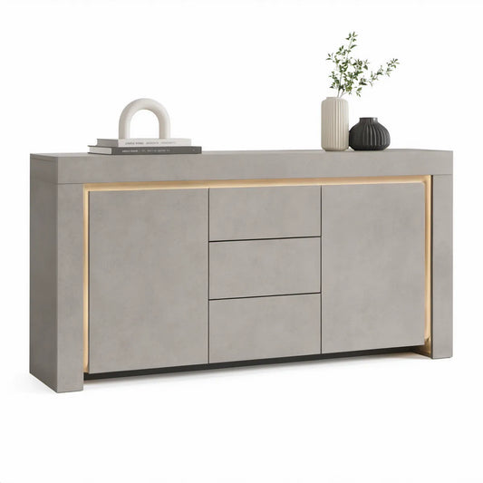Light Gray Sideboard Storage Cabinet with Warm White LED Lighting, 70.9 x 15.7 x 31.5 in