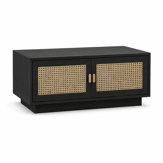 47.2 x 23.6 x 17.7 in Rectangular Storage Coffee Table with Natural Rattan Doors, Black