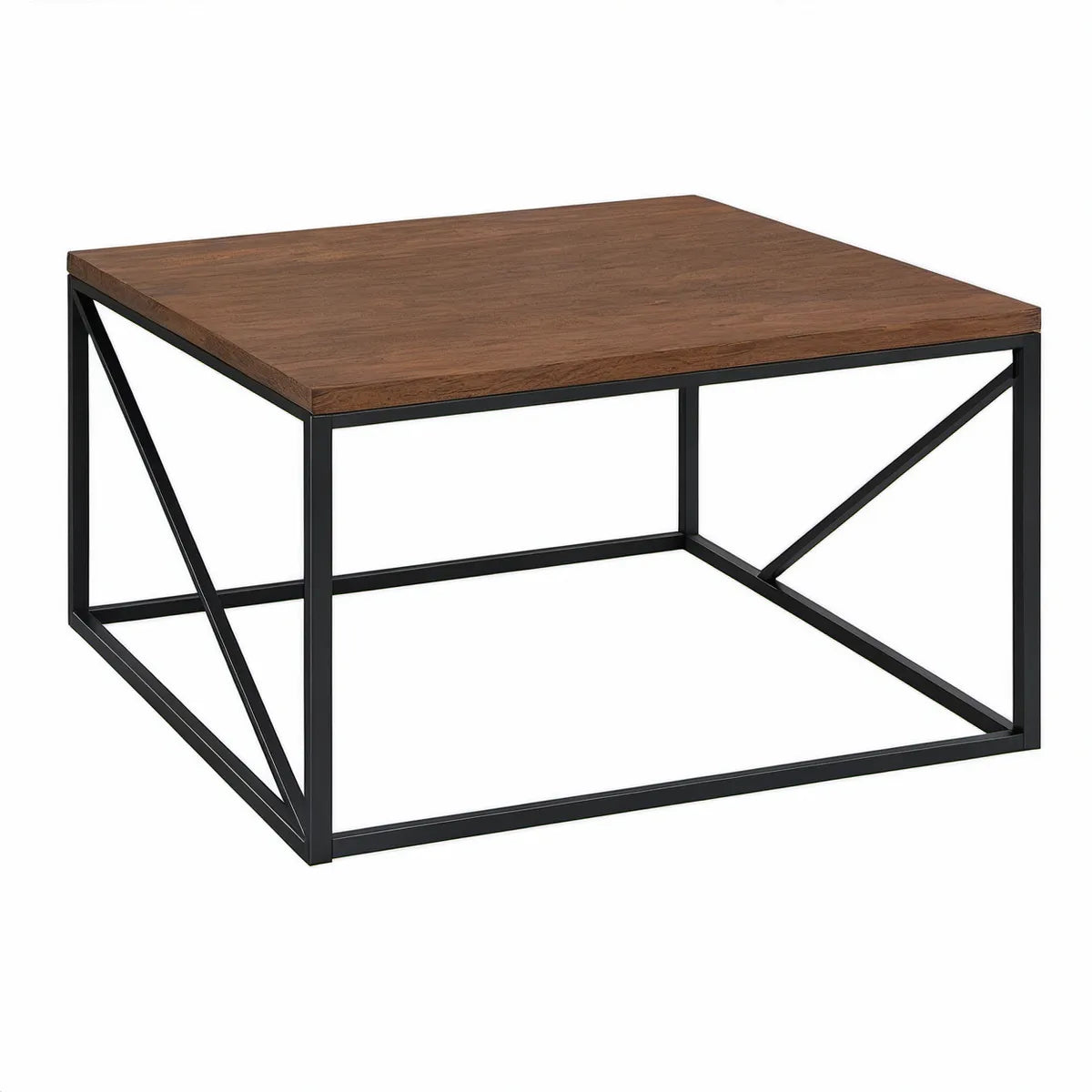 31.5 x 31.5 x 17.7 in Walnut Brown and Black Square Coffee Table with Steel Frame