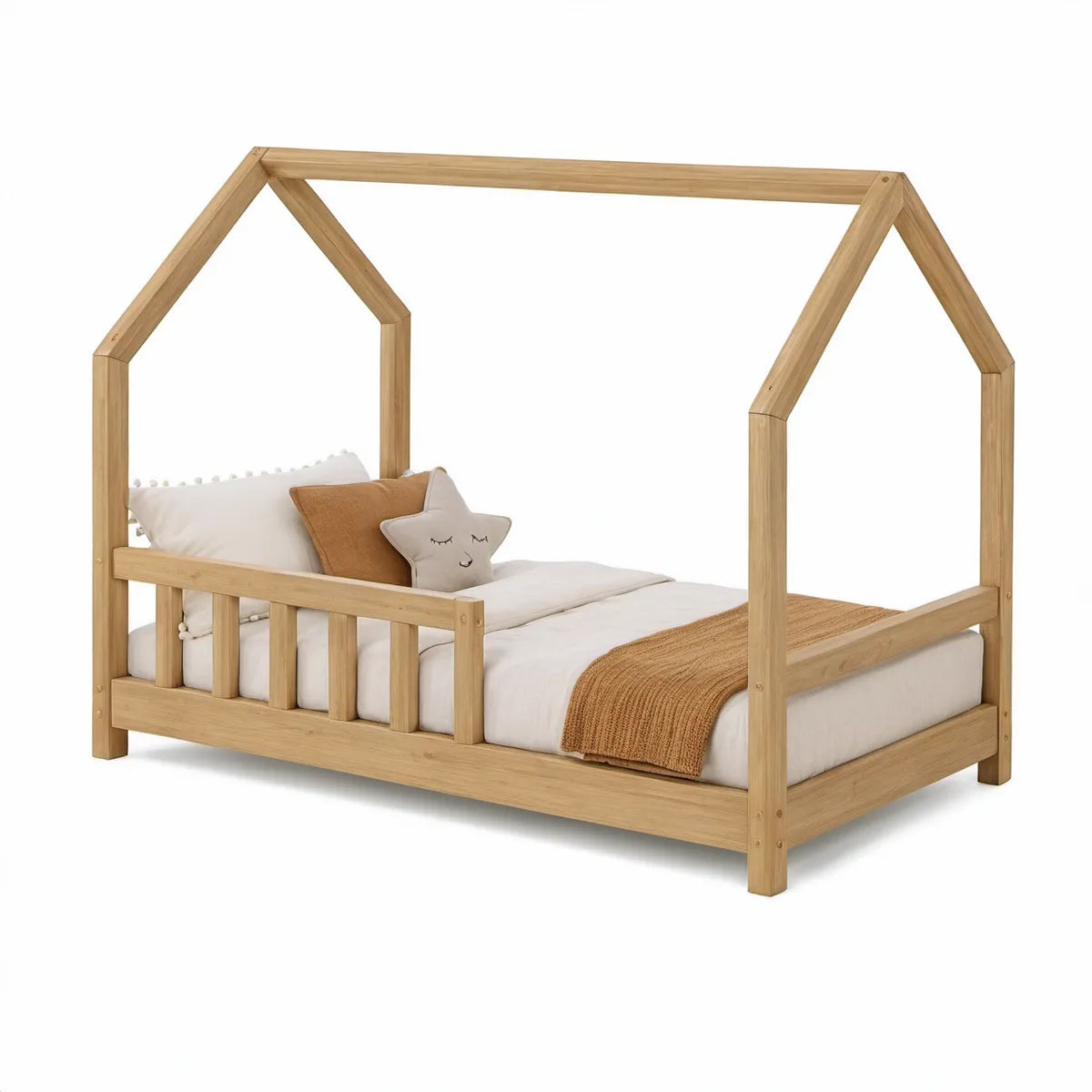 Kids Twin House Bed Frame, Natural Solid Pine, 78 x 43 x 72 in.