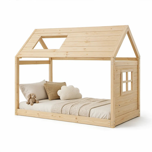 Kids Twin House Bed Frame, Natural Solid Pine, 78.7 x 41.3 x 65.0 in