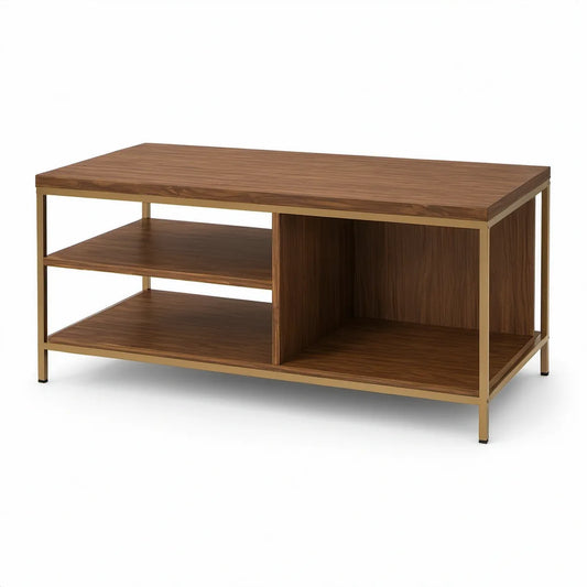 Walnut and Bright Gold Rectangular Coffee Table with Open Storage, 47.25 x 23.75 x 18.25 in