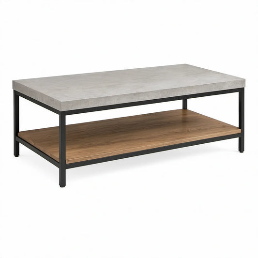 Rectangular Coffee Table with Storage Shelf, Gray Concrete-Effect MDF Top, Brown Wood-Grain Shelf, Black Steel Frame, 47.25 x 23.62 x 18 in