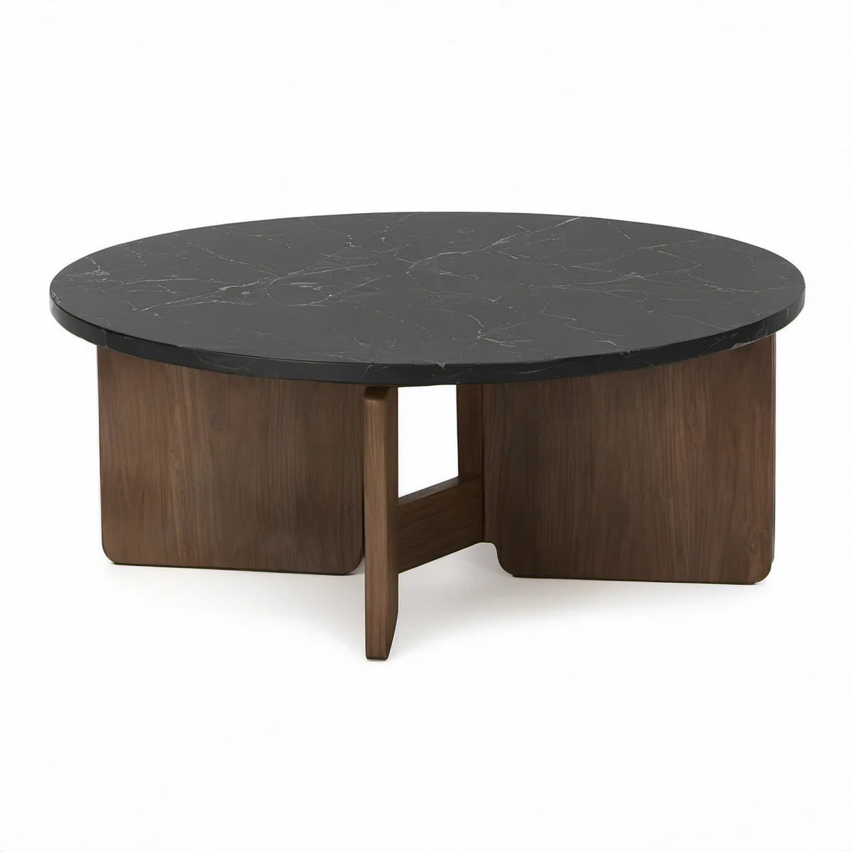 Round Coffee Table, 35.4 in Diameter x 15.7 in H, Black Sintered Stone Top with Walnut Veneer Base