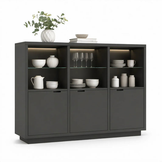 Black Sideboard Buffet Cabinet with LED Lighting, Tempered Glass Shelves, 63 x 15.7 x 39.4 in