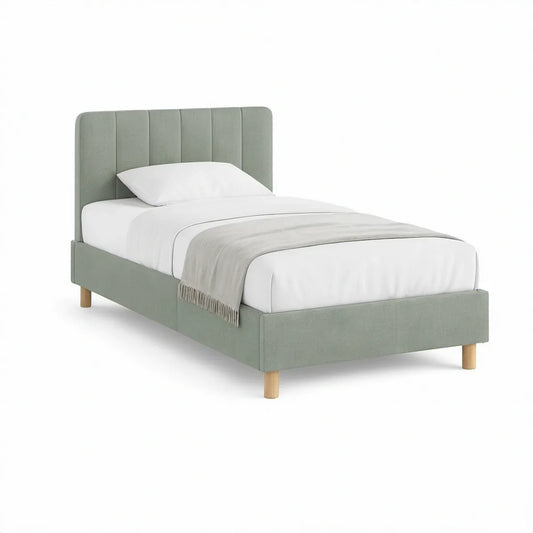 Twin Sage Green Upholstered Bed Frame with Vertical Channel Headboard, 41 x 80 x 46 in.