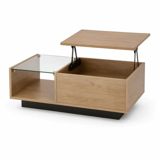 Lift-Top Coffee Table, 39.4 x 19.7 x 17.7 in, Oak MDF with Clear Tempered Glass Shelf and Black Steel Base
