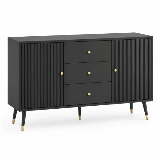 Black and Gold Fluted Storage Cabinet with 2 Doors and 3 Drawers, 47.2 x 15.7 x 31.5 in