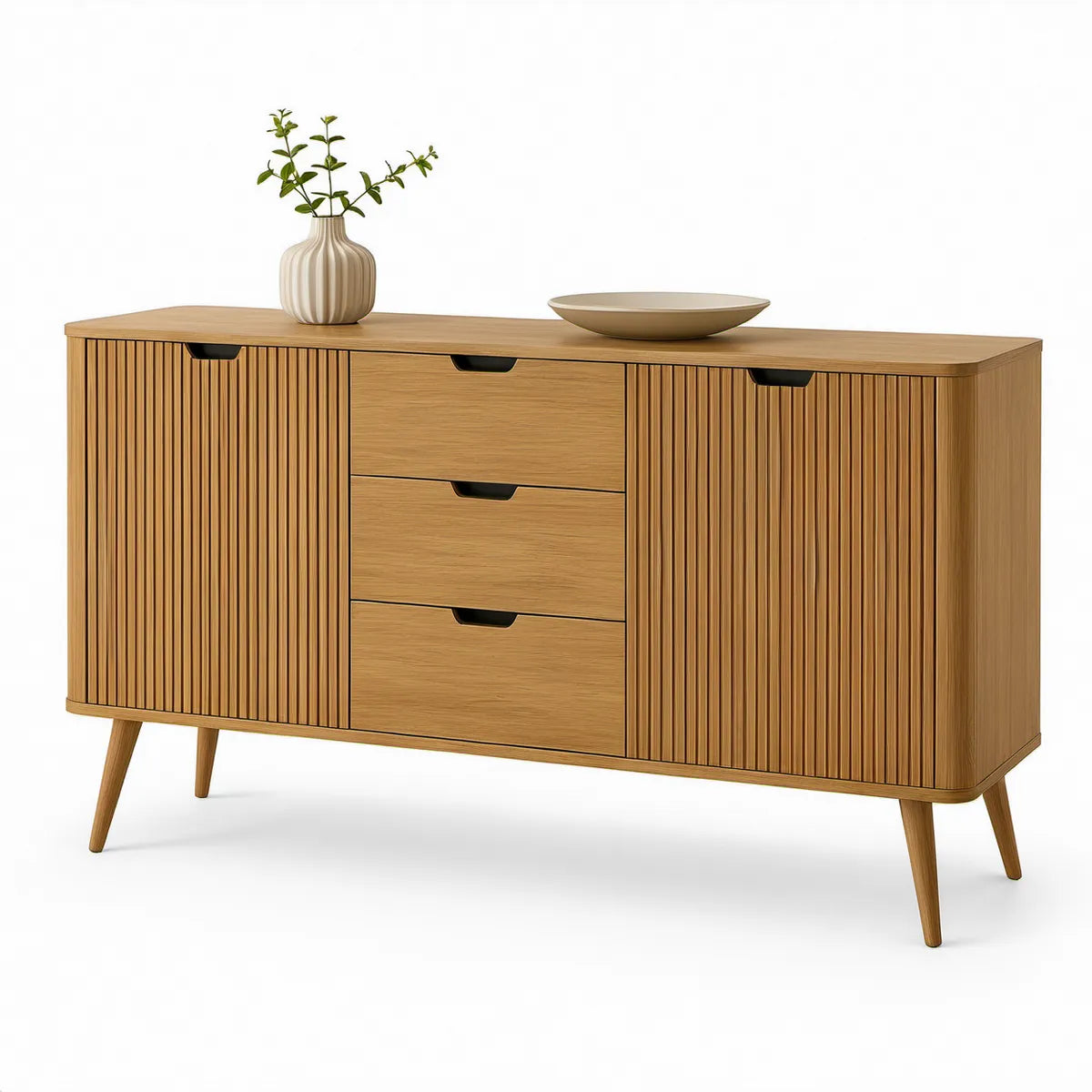 63 x 16 x 32 in Natural Oak Fluted Sideboard with 3 Drawers and 2 Doors