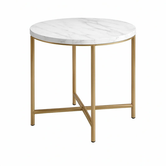 31.5 in Round White Faux Marble MDF Top with Gold Steel Frame, 19.7 in High