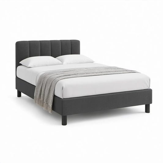 Queen Upholstered Bed Frame with Channel-Tufted Padded Headboard, Dark Gray, 64 x 85 x 46 in