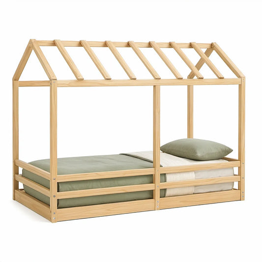 Kids Twin House Bed Frame, Solid Pine Wood, Natural, 79.5 x 42 x 65 in